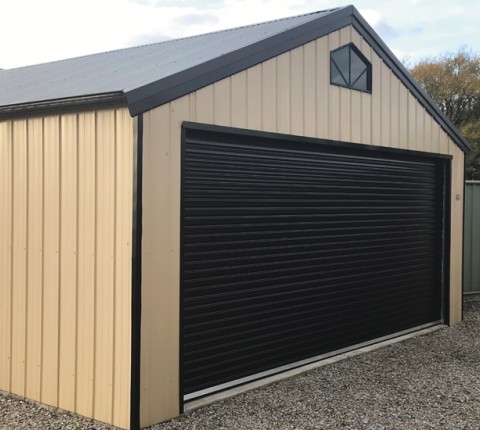 Shed with a Taurean Windstrong windlocked roller door