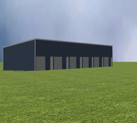 Commercial self storage render with 11 degree skillion roof