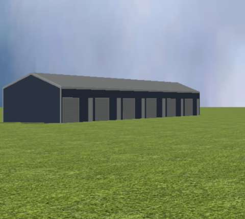 Commercial self storage render with 22 degree gable roof