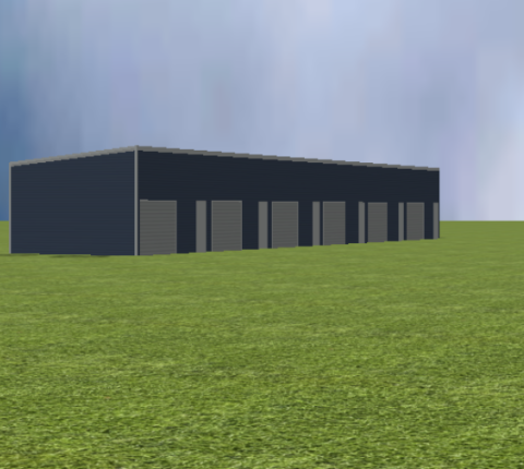 Commercial self storage render with 5 degree skillion roof