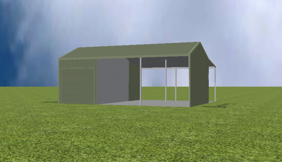 Equipment Machinery shed render with 22 degree gable roof and lean to