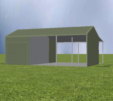 Equipment Machinery shed render with 22 degree gable roof and lean to