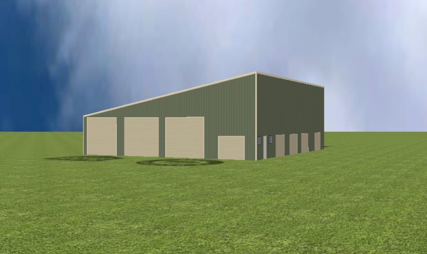 Industrial warehouse render with 11 degree skillion roof