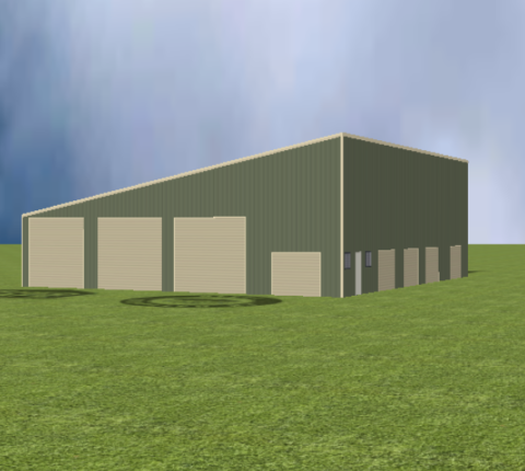 Industrial warehouse render with 11 degree skillion roof