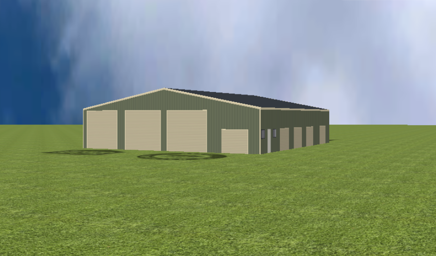 Industrial warehouse render with 11 degree gable roof