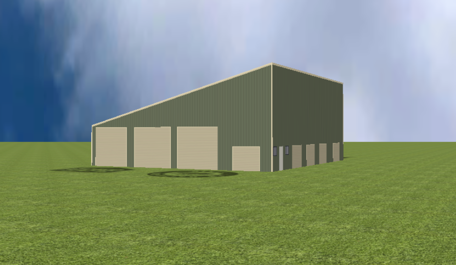 Industrial warehouse render with 15 degree skillion roof