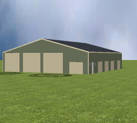 Industrial warehouse render with 15 degree gable roof