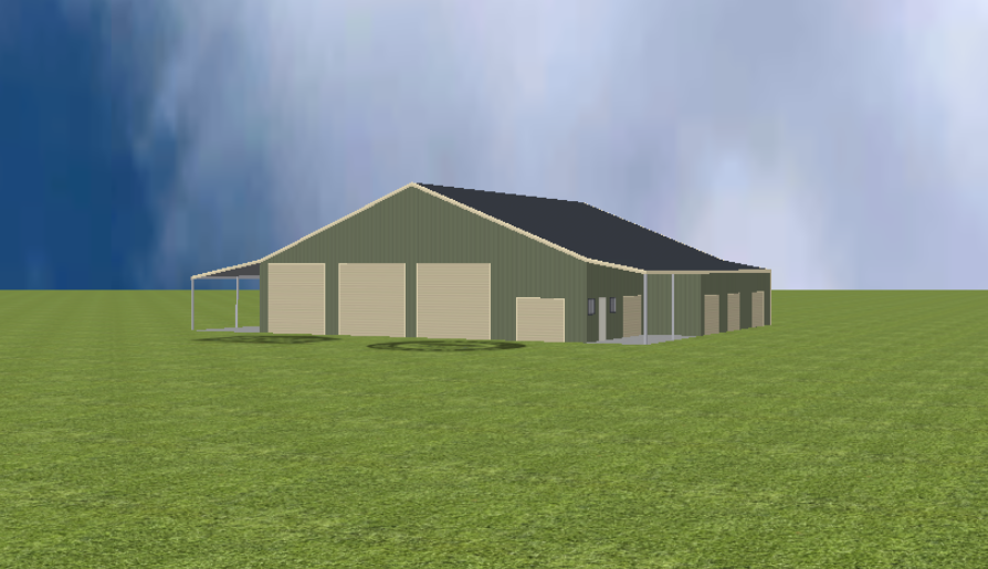 Industrial warehouse render with 22 degree gable roof and lean to