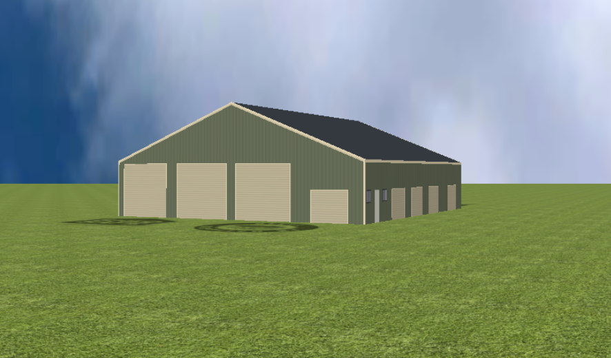 Industrial warehouse render with 22 degree gable roof