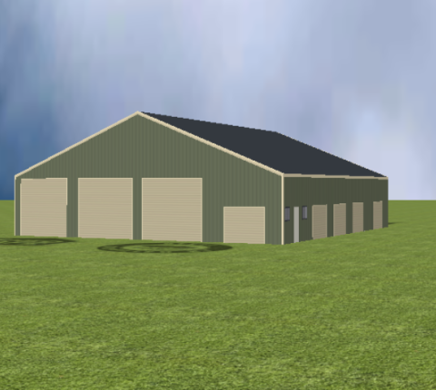 Industrial warehouse render with 22 degree gable roof