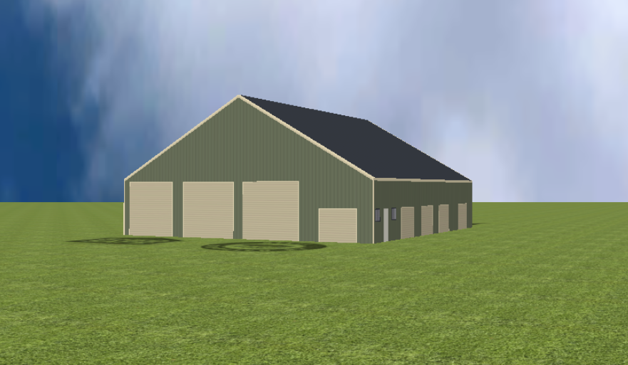 Industrial warehouse render with 30 degree gable roof