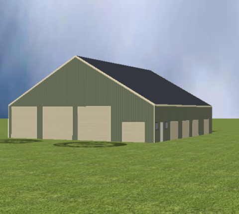 Industrial warehouse render with 30 degree gable roof