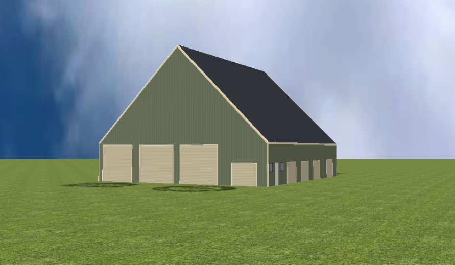 Industrial warehouse render with 45 degree gable roof
