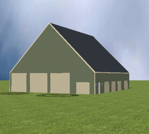 Industrial warehouse render with 45 degree gable roof