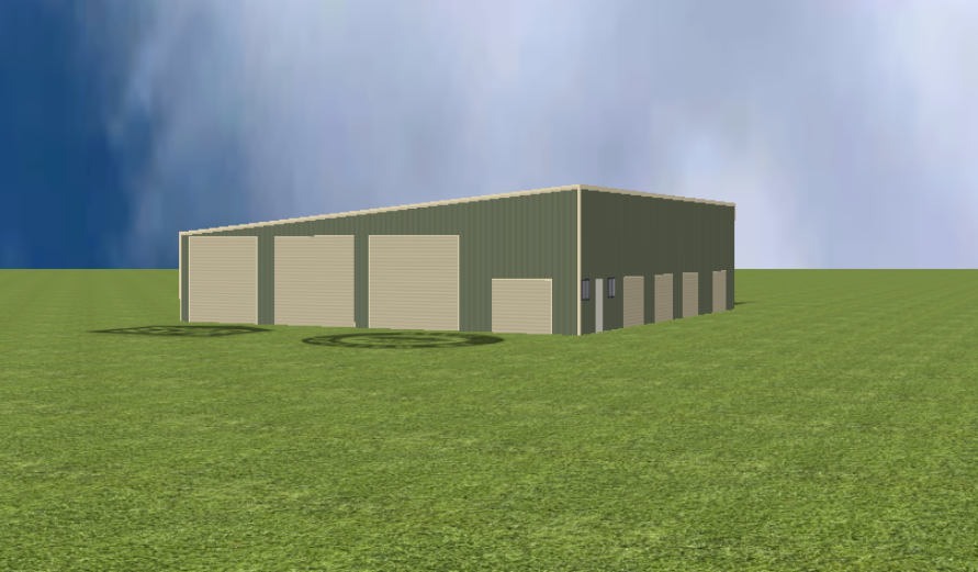 Industrial warehouse render with 5 degree skillion roof