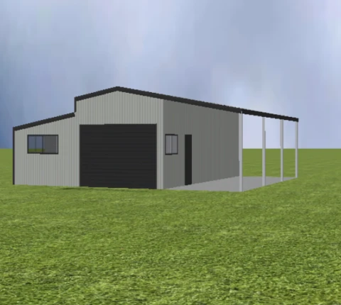 Rural shed with 11 degree gable roof with lean tos